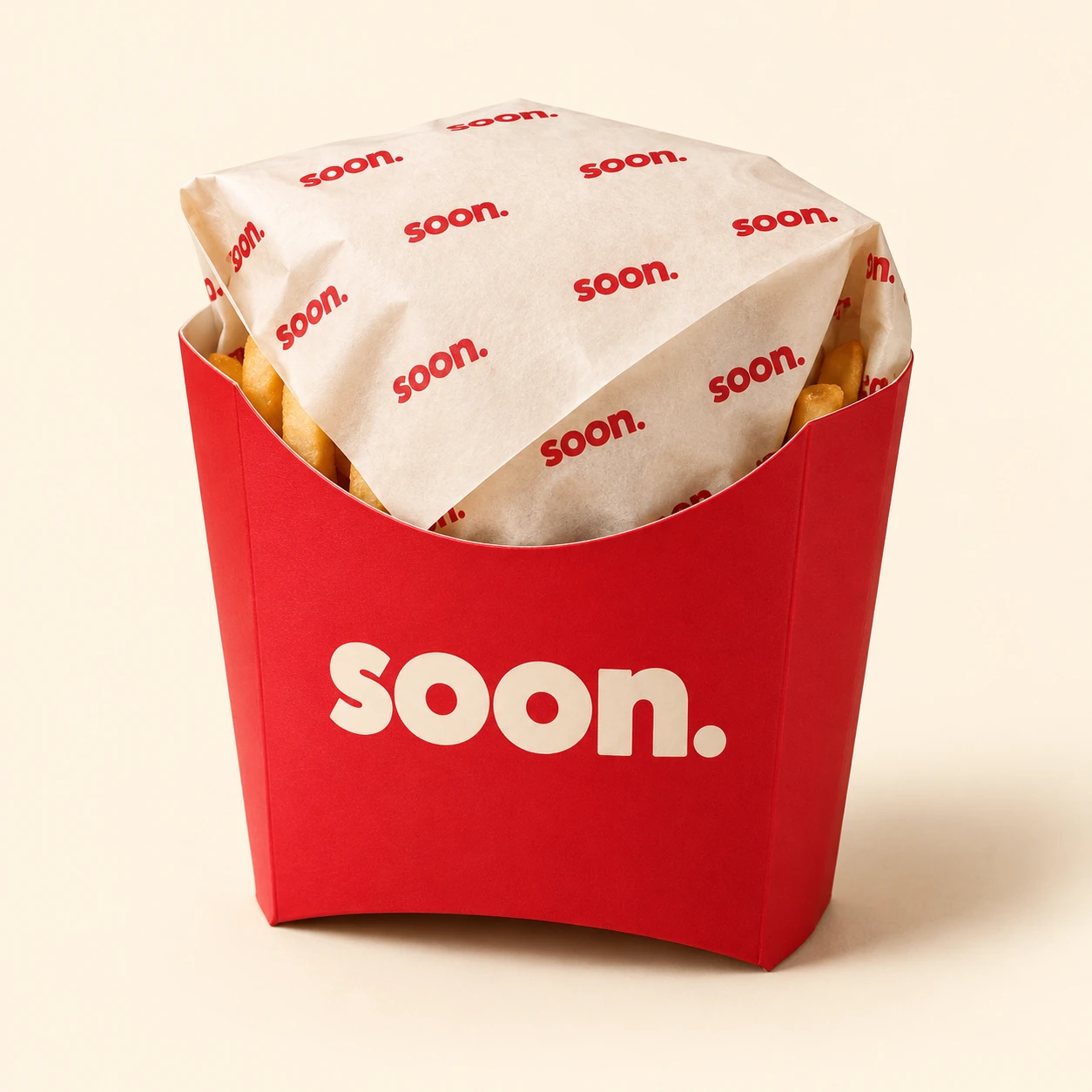 Red soon. fries carton with a cream paper cover