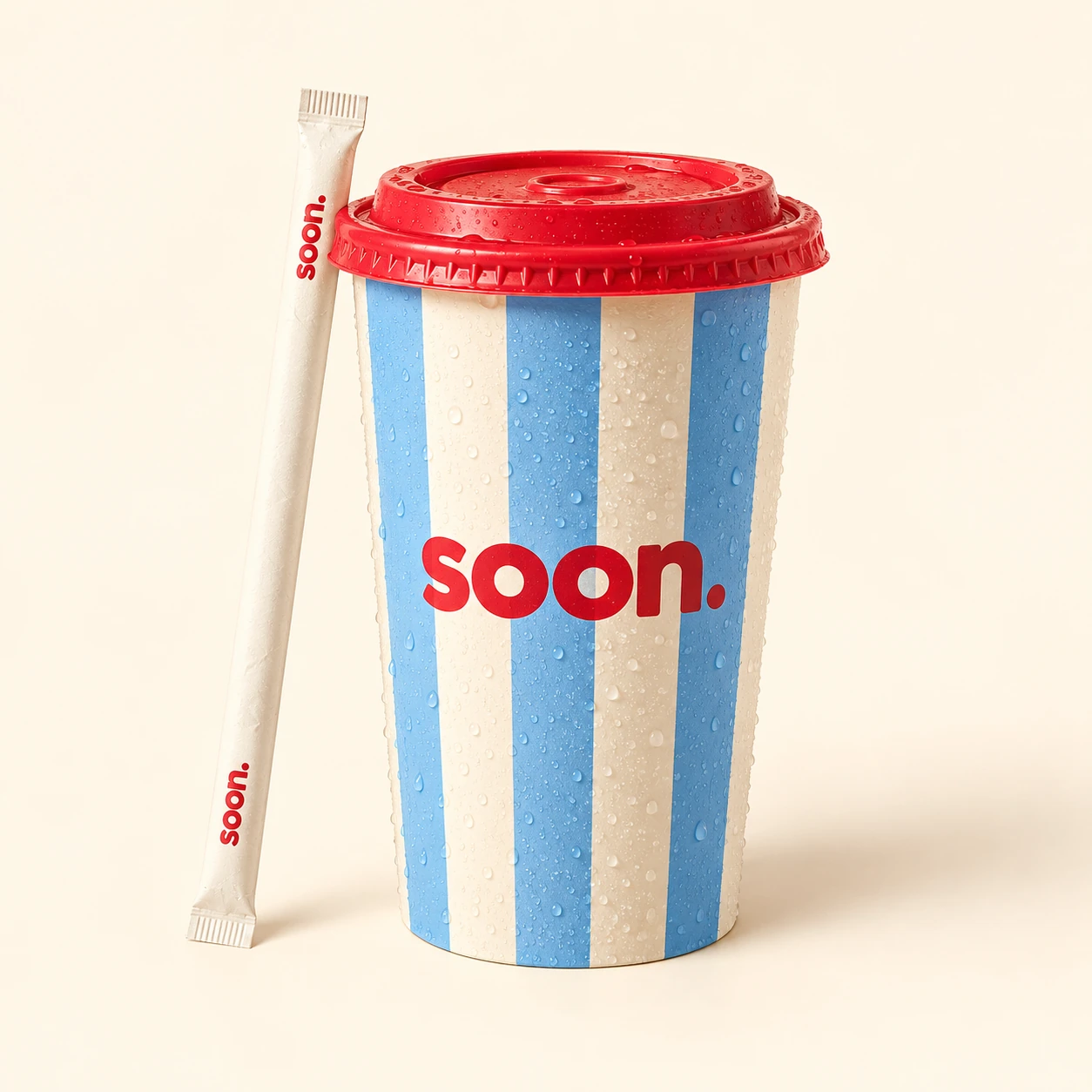Sky-blue striped soon. drink cup with a sealed straw
